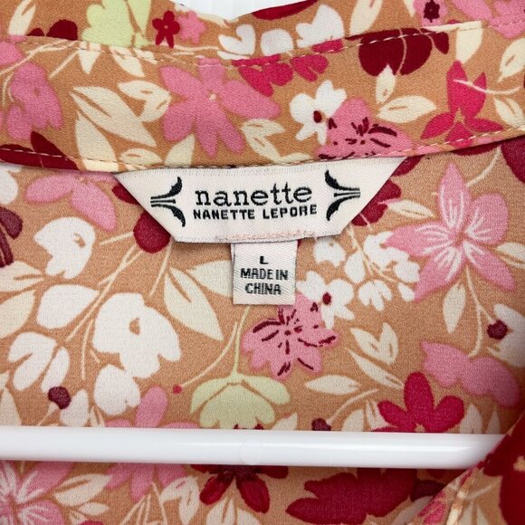 NANETTE LEPORE Boho Pink Burgundy Office Floral Edwardian Puff Button down Top L - Picture 9 of 12